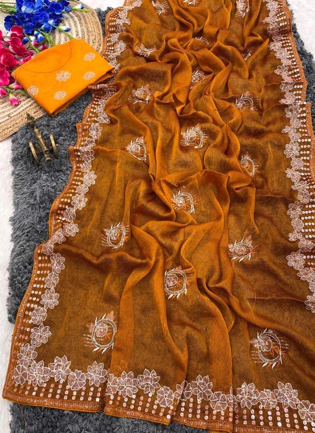 Shimmer Chiffon Mustard Festival Wear Embroidery Work Saree